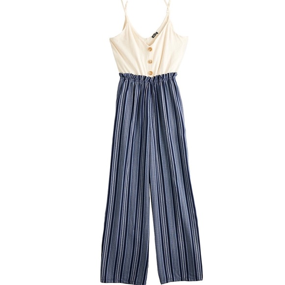 NWT Juniors' Lily Rose Button Front Paper Bag Jumpsuit
, Navy Stripe - Picture 3 of 16
